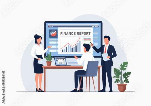 Business team analyzing financial report data on a monitor, a modern vector illustration of corporate analytics and strategy