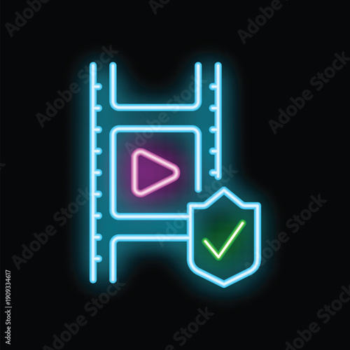 Glowing neon line icon of a film strip with a play button being protected by a check mark shield