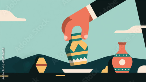 Illustration Of A Hand Lifting An Antique Vase Vector Design Template