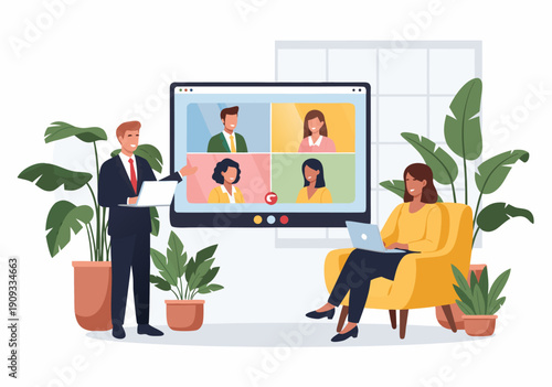 Dynamic vector illustration depicting a professional virtual meeting, connecting diverse business teams for online collaboration and remote work