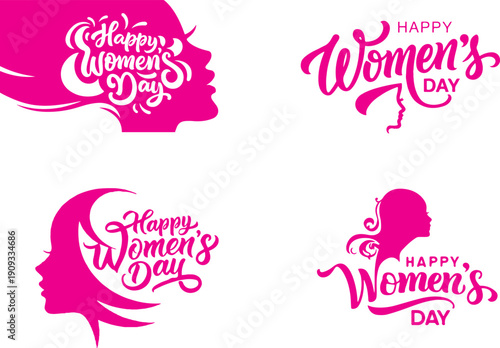 Happy women's day pink silhouettes with typography on white background celebrating equality and empowerment