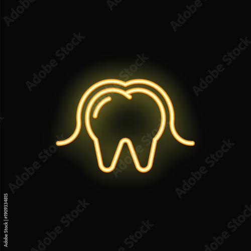 Yellow neon icon of dental floss cleaning a tooth, representing oral hygiene and dental care
