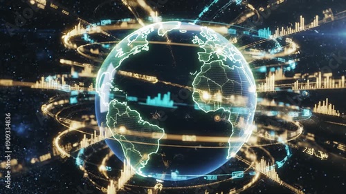 A glowing digital globe with data streams and charts orbits in space