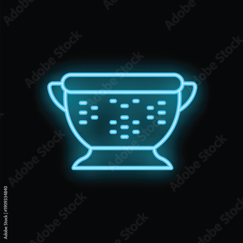 Neon sign of a colander glowing blue, perfect for restaurant, food, and kitchen visuals