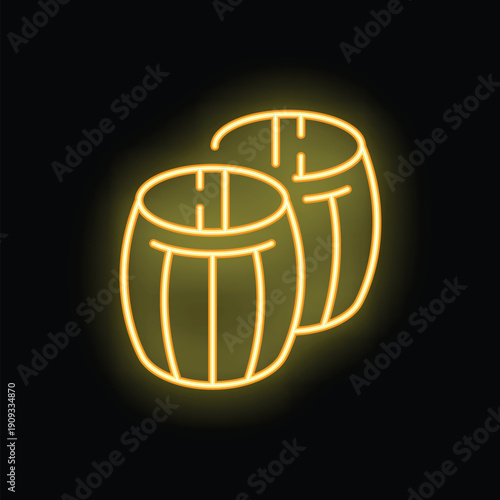 Yellow neon sign representing two wooden barrels, evoking traditional craftsmanship and the storage of aged beverages
