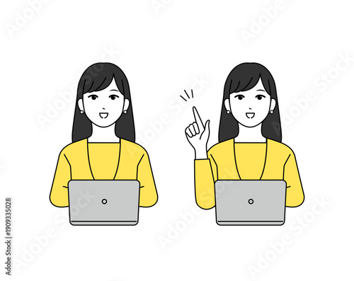 ノートパソコンを操作するビジネスパーソンの女性のイラスト素材