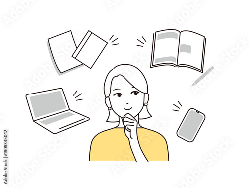 ノートパソコンやスマートフォン、本や資料に囲まれながら考え込む女性のイラスト