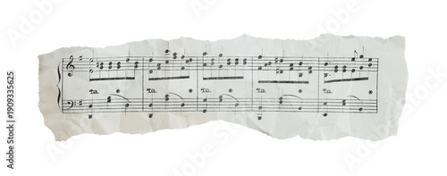 Photography Torn and crumpled fragment of musical sheet with notes, wide horizontal composition isolated on transparent background