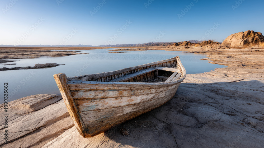 Fototapeta An old boat stranded on dry land where water once was. Water crisis and water shortage in summer during long drought is a global problem of drought on the planet.