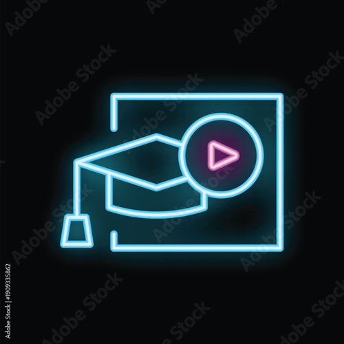 Neon icon of a graduation cap and a play button glowing on a dark background, representing online learning and digital education