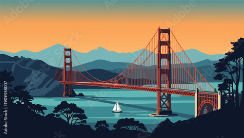 Picturesque vector illustration showcasing an iconic red suspension bridge at sunset, with a sailboat on the tranquil water and rolling hills