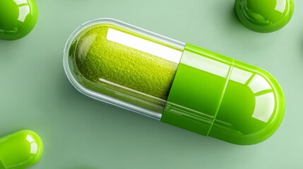 Green capsule filled with powder on a seamless green background, surrounded by smaller capsules, ideal for medical product rendering and pharmaceutical design mockups