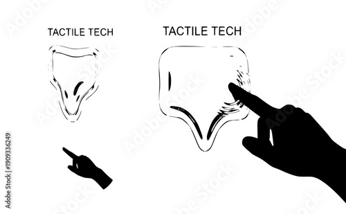 Hand touching liquid glass interface silhouette, sensory digital experience and future haptic technology concept, fluid ui ux design vector icon