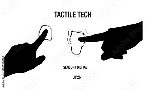 Hand touching liquid glass interface silhouette, sensory digital experience and future haptic technology concept, fluid ui ux design vector icon