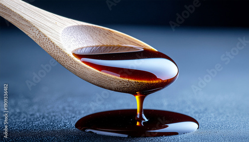 Delicious glossy soy sauce dripping from a wooden spoon, macro shot on black background