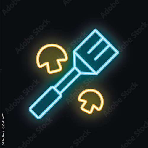 Glowing neon spatula flipping mushrooms icon, great for restaurant menu design