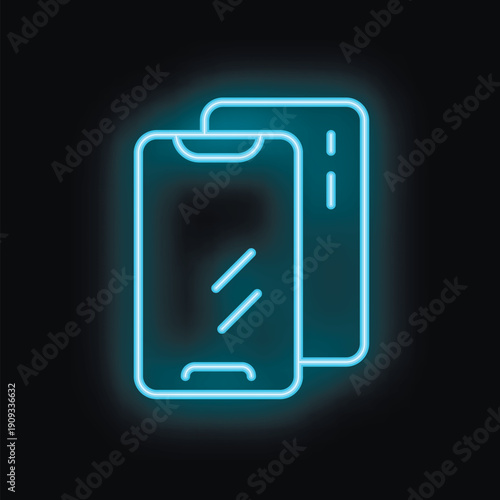 Blue neon sign of two modern smartphones glowing on black background