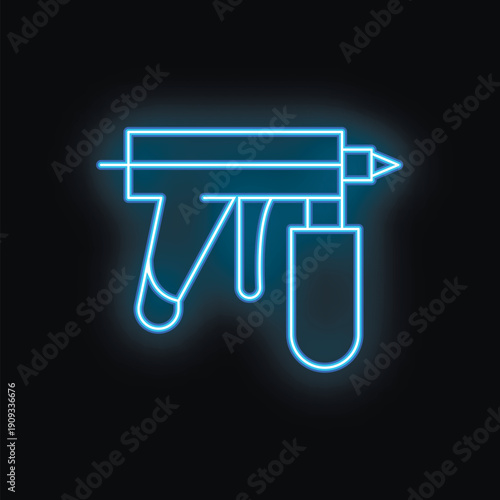 Blue neon sign of a glue gun glowing on a black background