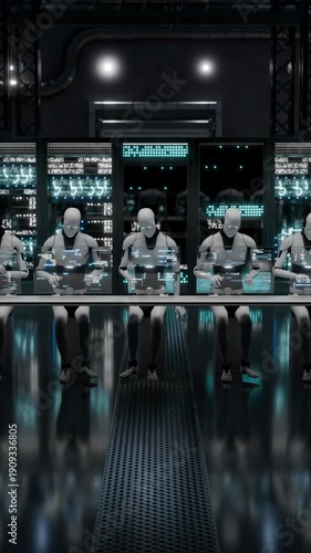 Looping robot in server room monitors systems via futuristic interface