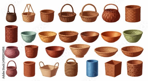 A charming collection of various wicker baskets and woven bowls, showcasing natural textures and handmade artistry