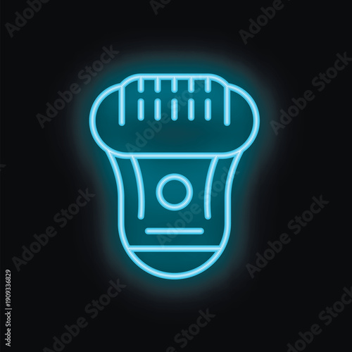 Blue neon sign of a modern electric epilator for hair removal glowing in the dark, representing a modern concept of beauty