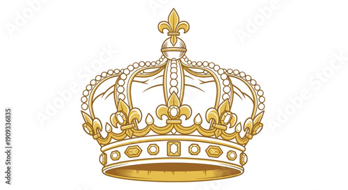 A gold crown with intricate designs and a fleur-de-lis on top viewed from the front