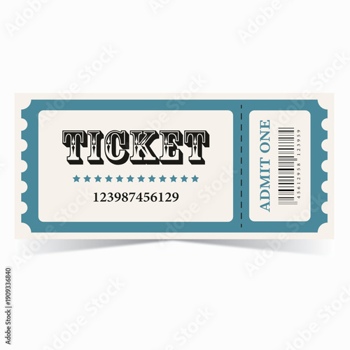 Retro blue ticket with a number and barcode admit one