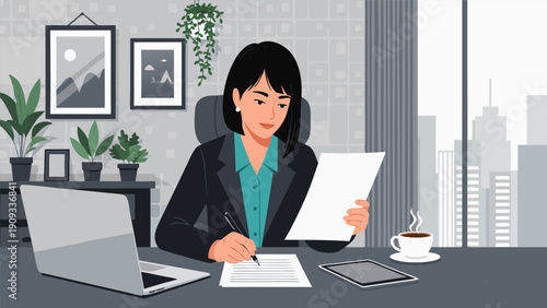 Professional businesswoman diligently working at her modern office desk, reviewing and signing important documents, flat vector illustration of a productive workplace environment