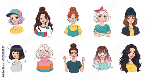 Collection of Diverse Cartoon Women Characters with Various Hairstyles, Outfits, and Accessories