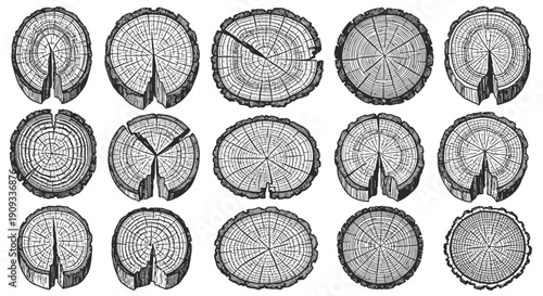 Vintage Hand-Drawn Wood Slices Collection with Detailed Annual Rings and Natural Imperfections, Engraved Tree Stump Cross-Sections for Design Elements and Timber Textures