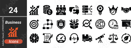 Business Icon Collection: A comprehensive set of 24 versatile and sleek business icons, perfect for representing diverse concepts and themes, designed to elevate any visual project.