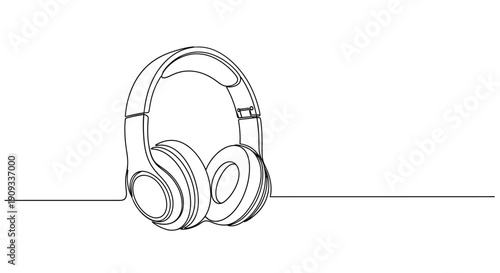 Continuous line drawing of a pair of headphones, symbolizing music, sound, and audio technology