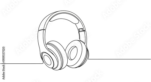 Elegant continuous line drawing of over-ear headphones, a minimalist graphic icon symbolizing audio entertainment, music listening, and modern sound technology