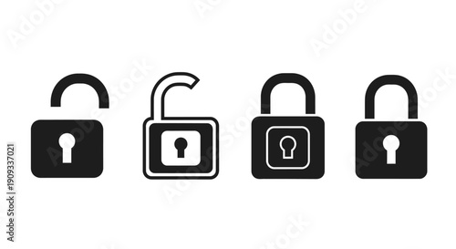 Modern vector collection of padlock icons depicting open and closed states, ideal for digital security, access control, and data protection concepts in web and app design