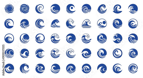 Dynamic collection of blue and white ocean wave vector icons and graphic elements. Ideal for marine-themed branding, aquatic designs, and surf-inspired digital projects