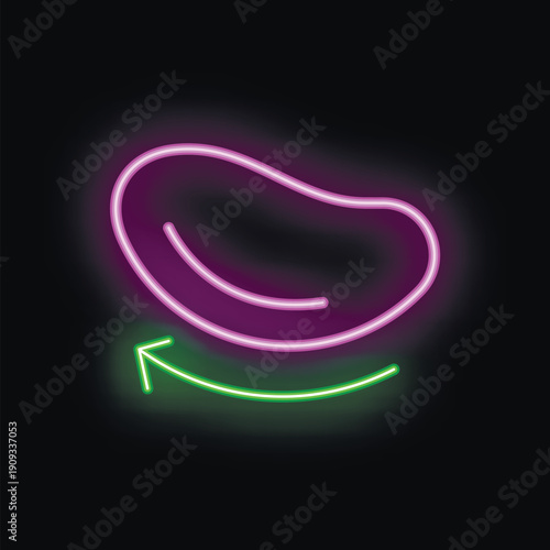 Purple neon sign shaped like a bean is rotating clockwise, illuminated by a green circular arrow