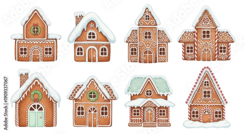 Collection of eight whimsical gingerbread houses adorned with festive Christmas decorations and snow, perfect for holiday designs