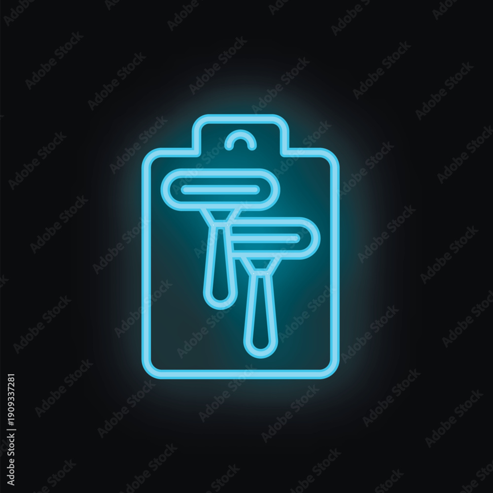 Fototapeta premium Blue neon icon of shaving razor blades on clipboard glowing on black background
