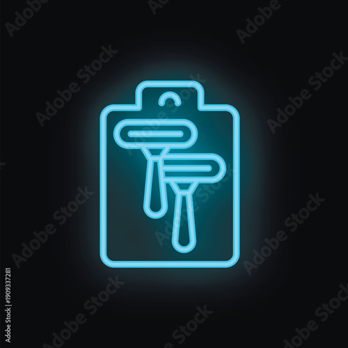 Blue neon icon of shaving razor blades on clipboard glowing on black background