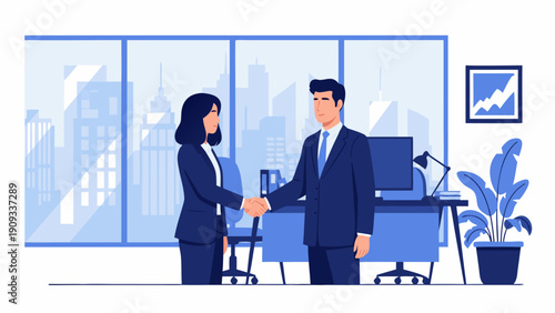 Vector illustration of business professionals shaking hands in a modern office environment with cityscape view 29.eps
