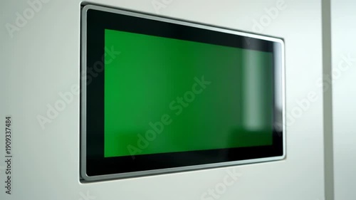 A close-up, slightly angled view of a modern digital screen with a vibrant green display