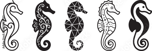 Seahorse icons set in black and white flat design vector illustration, scalable marine animal graphics for logos and web