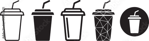 Monochrome soft drink cups with straws minimalist flat design vector illustration set