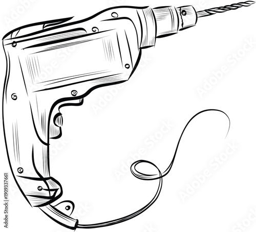 Electric drill with cord detailed hand drawn tool illustration vector