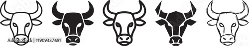 Five different bull head types flat design vector illustration, minimalist animal icons set for branding and logo