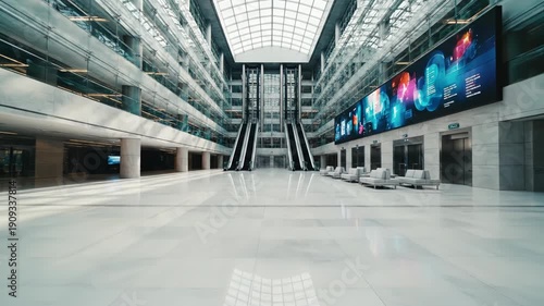 Sleek modern interior with digital display, escalators, and security turnstiles