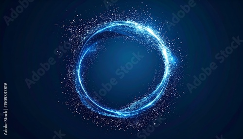 Glowing blue circle surrounded by particles on dark blue background viewed from directly above