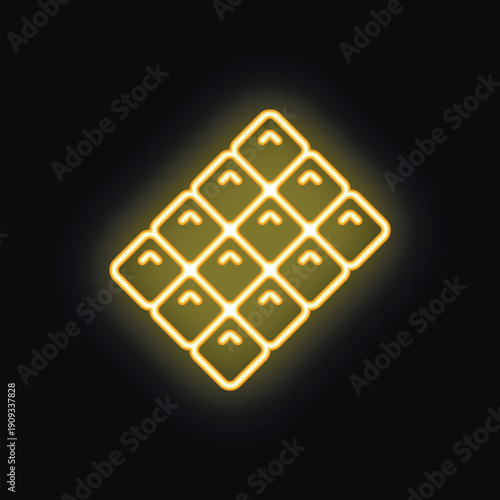 Bright yellow neon icon of a chocolate bar is glowing on a black background