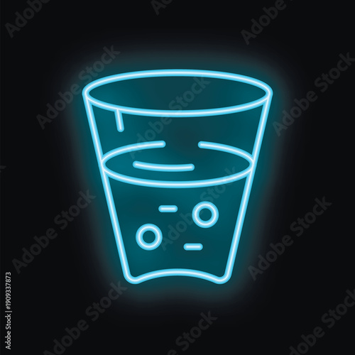 Blue neon icon of a glass containing a fizzy drink with bubbles, on a black background