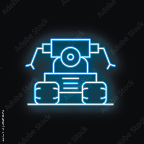 Blue neon sign depicting a wheeled robot standing on a black background